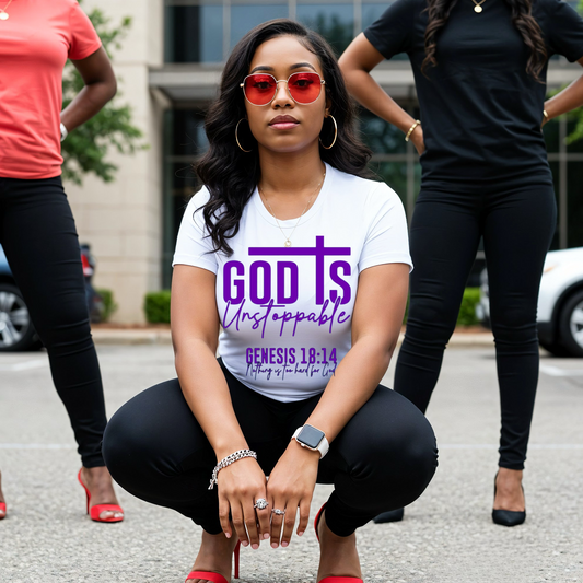 God Is Unstoppable T-Shirt (in Purple Print)